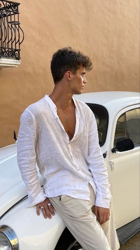 Linen Pants And Shirt Men, Men’s White Linen Shirt, White Shirt Outfit For Men Aesthetic, White Linen Outfit For Men, White Linen Pants Outfit Men, Men’s Linen Outfit, Men White Linen Outfit, Linen Men Outfit, Mens White Linen Shirt