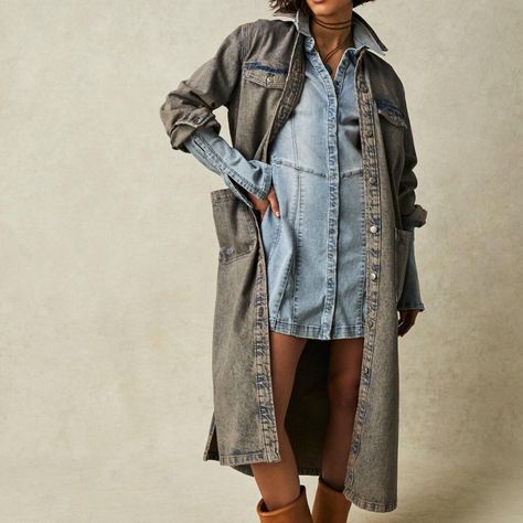 Denim Duster Coat, Cloth Label, Denim Duster, Long Denim Jacket, Denim Maxi Dress, Duster Jacket, Free People Jacket, Denim Shirt Dress, Jacket Long