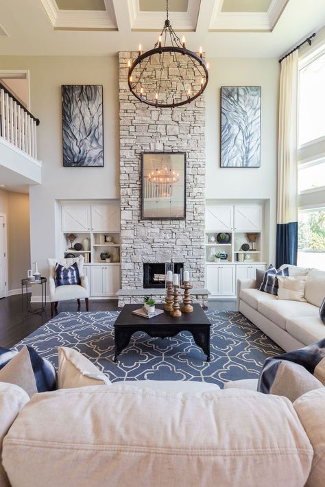 Fireplace Chase Ideas, Tall Ceiling Fireplace, Tall Fireplace Ideas, Tall Fireplace Wall High Ceilings, 2 Story Fireplace, Tall Ceiling Living Room, Tall Room, Floor To Ceiling Fireplace, Two Story Great Room