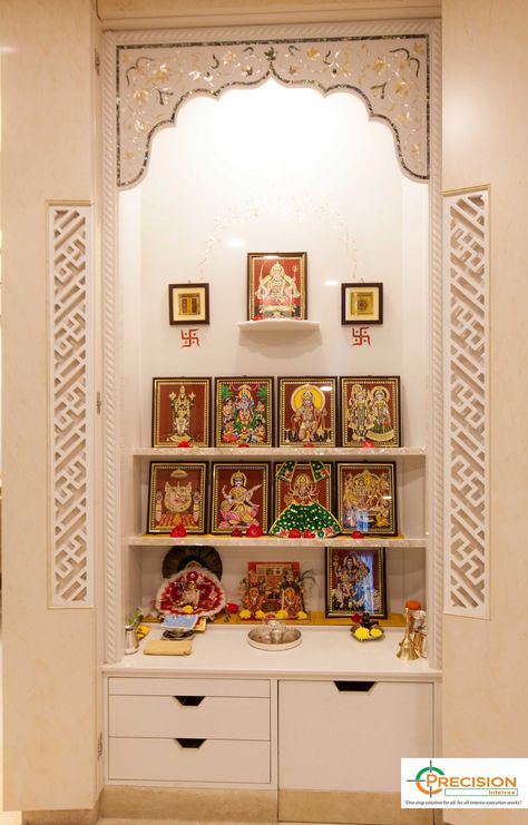 God's Room Design, Puja Interior Design, Mandir In House Puja Room, Temple Design In Living Room, Home Interior Design Pooja Room, Interior Design God Room, God Interior Design, Mandir In Home Puja Room, Indian Gods Room Ideas