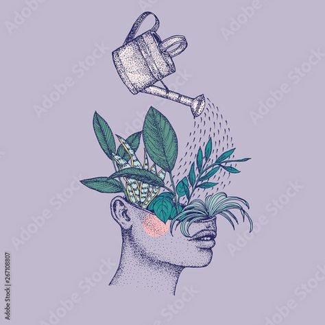 Stock Image: Illustration of watering can pouring over plants growing in head Water Yourself Tattoo, Water Yourself, Guide To Meditation, Nature Letters, Sunflower Drawing, Plants Growing, Cowgirl Art, Plant Tattoo, Head Tattoos