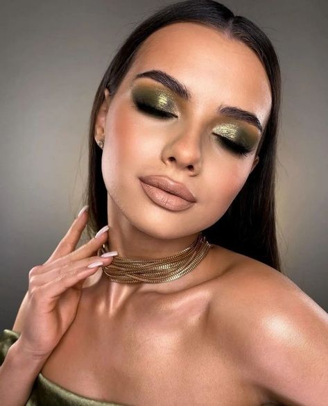 Olive Dress Makeup, Makeup For Olive Green Dress, Olive Green Eyeshadow Looks, Olive Green Makeup Look, Olive Green Makeup, Editorial Glam, Olive Makeup, Olive Green Eyes, Olive Colored Dress