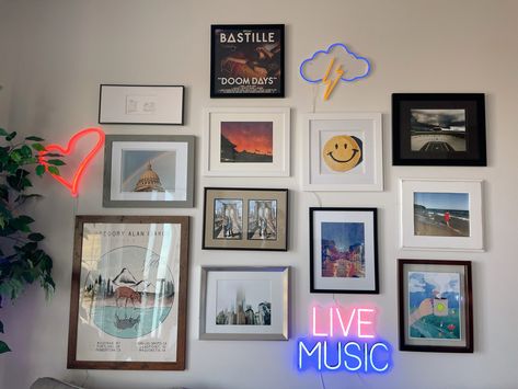 Mis Match Frame Wall, Mismatched Wall Frames, Neon Sign In Gallery Wall, Neon Sign Collage Wall, Gallery Wall Neon Sign, Mismatch Frames Wall Decor, Neon Gallery Wall, Gallery Wall With Neon Sign, Mismatched Frames On Wall