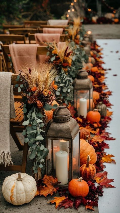 Magical Fall Wedding, Fall Wedding Themes Ideas, Fall Renewal Wedding Ideas, Halloween Wedding Aisle Decor, Pumpkins In Wedding Decor, November Backyard Wedding Ideas, Magic Theme Wedding, Enchanting Wedding Decor, Fall Wedding Set Up