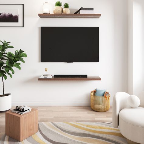 Mounted Tv Small Bedroom, Photo Wall With Tv Mounted Tv, Tv Floating Shelf Decor, Simple Small Tv Unit Design, Small Mounted Tv, Floating Shelves Above And Below Tv, Floating Tv Shelves Living Room, Floating Tv Unit Living Room, Under Tv Table