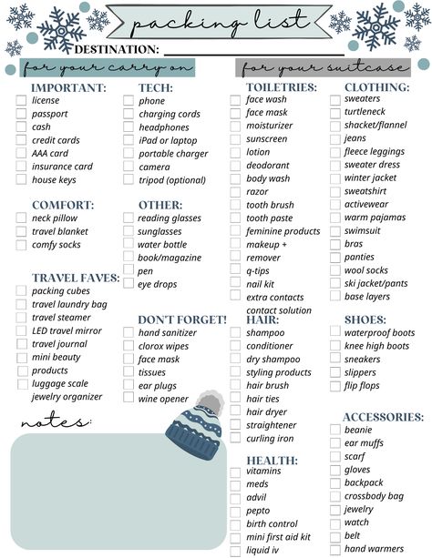 Christmas Trip Packing List, Winter Packing Checklist, Winter Travel Essentials Packing Lists, Travel Checklist For Women Winter, Winter Necessities Cold Weather, Cold Vacation Packing List, Packing List For Skiing, Winter Needs List, Travel Nessecities Lists