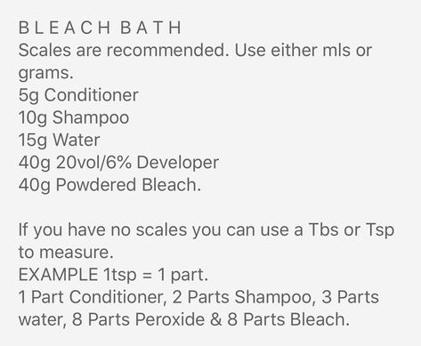 BLEACH BATH RECIPE Bleach Developer Guide, How To Bleach Bath Your Hair, Bleach Bath Hair Recipe, How To Do A Bleach Bath For Hair, Bleach Bath Hair Diy, Bleach Wash Hair Diy, Hair Bleaching Tips At Home, Bleaching Hair Tips, Bleach Bath Hair Before And After