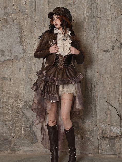 [$112.25]Brown Western Style Steampunk Asymmetrical PU Overall Dress with Detachable Train Cool Western Outfits, Old Western Dresses, Steam Punk Fashion Women, Old Western Outfits, Steampunk Outfit Ideas, Neo Victorian Fashion, Punk Dress Outfit, Steam Punk Outfits, Old Western Outfits Women