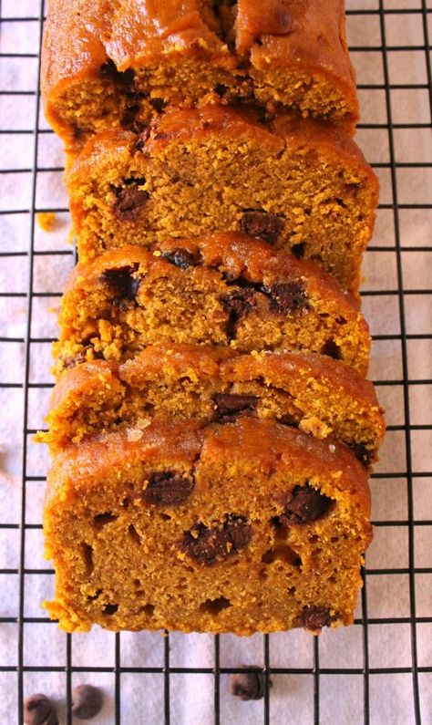 Pumpkin Chocolate Chip Bread - a classic fall dessert that everyone loves and looks forward to each year. Yummy, soft, and perfect for those cold mornings. - by Mama Maggie's Kitchen Pumpkin Bread With Chocolate Chips, Greek Yogurt Pumpkin, Gluten Free Pumpkin Bread Recipe, Classic Fall Desserts, Bread With Chocolate Chips, Bread With Chocolate, Gluten Free Pumpkin Bread, Chocolate Chip Bread, Pumpkin Chocolate Chip Bread