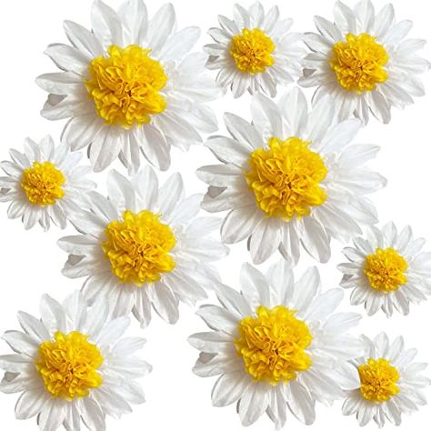 Tissue Paper Pom Poms Decoration, Party Decorations White, Sunflower Paper Flowers, Flower Party Decorations, Daisy Decorations, White Yellow Flowers, Daisy Party, Paper Party Decorations, Tissue Pom Poms