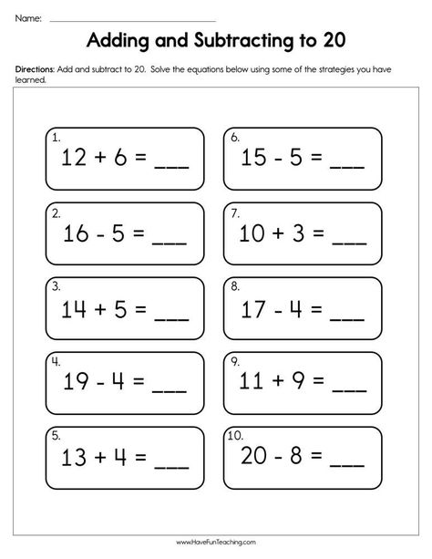 This worksheet is perfect for practicing addition and subtraction with numbers up to 20. Students will use 20-frames to represent the numbers, and then solve the equations. This worksheet is great for individual practice or as a group activity.

Click to download the free 1st Grade Math Facts, Missing Number Worksheets, Multiplication Worksheet, Teaching Addition, Basic Addition, Addition And Subtraction Worksheets, First Grade Worksheets, Have Fun Teaching, Missing Numbers