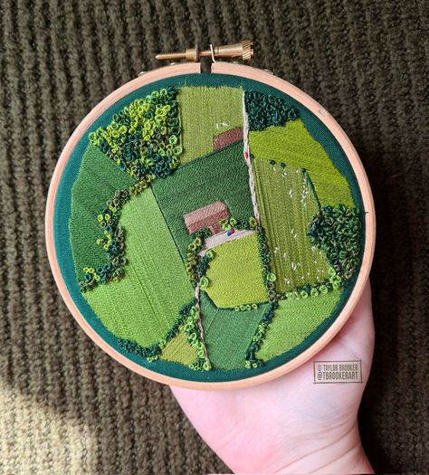 Aerial landscape embroidery of an imagined rural farm 🧵🌿 by Taylor Brooker | tbrookerart.co.uk Map Embroidery Ideas, Textiles Book, Embroidery Map, Book Embroidery, Landscape Embroidery, Aerial Landscape, Simple Hand Embroidery Patterns, New Embroidery, Diy Plant Hanger