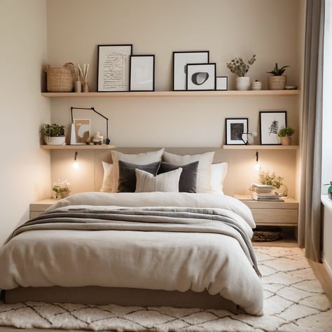 Bed With Shelf Headboard Aesthetic, Over Bed Floating Shelf, Shelf Over Bed With Lights, Small Couple Bedroom Ideas Space Saving, Small L Shaped Bedroom Ideas, Bedroom With Shelves On Wall, Small Bedroom Shelf Ideas, Bedroom Wall Shelf Ideas Above Bed, Decorating Small Master Bedrooms