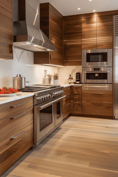 Kitchen Backsplash With Brown Cabinets, Light Colored Kitchen, Warm Wood Kitchen Cabinets, Warm Wood Kitchen, Kitchen Wood Cabinets, Modern Walnut Kitchen, Dark Brown Kitchen Cabinets, Kitchen Cabinet Color Schemes, Walnut Wood Kitchen