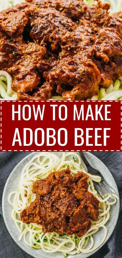 Learn how to make Mexican adobo sauce & beef adobo for dinner! The sauce is an easy to make, simple, and homemade recipe, using dried chiles, garlic, and spices. It has many uses, including a marinade for pork, chicken, or beef. It's also gluten free, low carb, and keto -- great for healthy families. This recipe also shows how you can use adobo sauce to make a delicious beef adobo dinner. Click the pin to find the recipe. #healthy #healthyrecipes #lowcarb #keto #ketorecipes #glutenfree Mexican Meats, Adobo Beef, Beef Adobo, Mexican Adobo, Marinade For Pork, Savory Lunch, Pork Marinade, Adobo Recipe, Asian Recipe