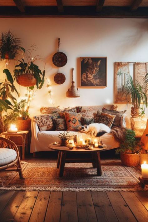 Hippy Living Room, Boho Music Room, Sofas Vintage, Vibrant Living Room, Cozy Spaces, Beige Sofa, Apartment Decor Inspiration, Home Upgrades, Cozy Interior