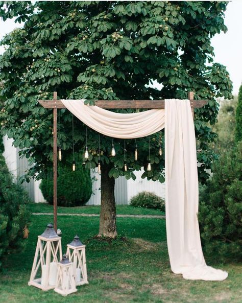 Wedding Arch Ideas No Flowers, Sweetheart Table Outdoor, Wedding Pergola Decorations Draping, Wedding Arch No Flowers, Pergola Wedding Ceremony, Pergola Wedding, Simple Wedding Arch, Wood Wedding Arches, Bougainvillea Wedding