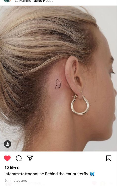 Aesthetic Behind The Ear Tattoos, Tiny Ear Tattoo Behind, Buterfluffy Tattoo Behind Ear, Minimalist Behind The Ear Tattoo, Bestie Tattoos Behind Ear, Small Tattoos With Meaning Behind Ear, Mini Behind The Ear Tattoo, Half Butterfly Tattoo Behind Ear, Minimal Behind Ear Tattoo