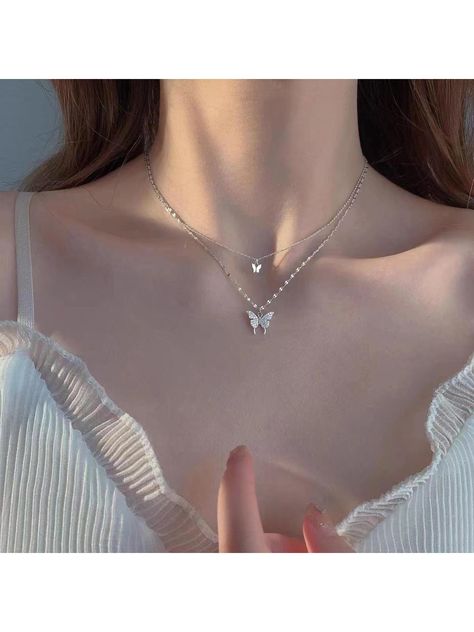 Silver  Collar  Iron   Embellished   Women's Fashion Jewelry Butterfly Necklace Gold, Long Tassel Necklace, Sweet Jewelry, Pearl Jewelry Necklace, Butterfly Pendant Necklace, Pendent Necklace, Long Pendant Necklace, Chain Choker Necklace, Butterfly Necklace