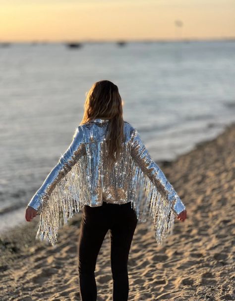 Disco Glam Outfits, Silver Jacket Outfit, Sequin Clothes, Fringe Jacket Outfit, Gold Sequin Jacket, Sequins Jacket, Fringed Jacket, Tassel Jacket, Silver Jacket