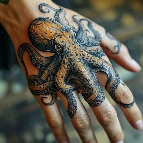 Octopus Finger Tattoo, Palm Tattoo Ideas, Octopus Tattoo Sleeve, Kraken Tattoo, Small Octopus, Realistisches Tattoo, Octopus Tattoo Design, Animal Tattoo Ideas, Octopus Tattoos