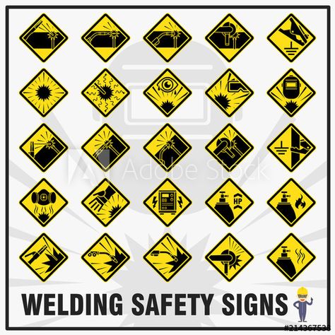 Stock Image: Set of safety signs and symbols for welding works. Safety signs use to remind all workers to be aware while at welding work activities. Safety Signs And Symbols, Welding Workshop, Welding Works, Welding Apron, Hazard Sign, Signs And Symbols, Safety Signs, Work Activities, Be Aware