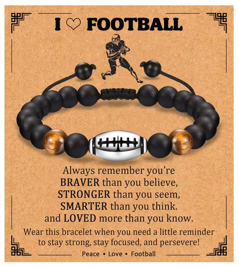 PRICES MAY VARY. 🏈 Cool Football Bracelet Gifts 🏈 Looking for the perfect gift that will ignite the passion for football in young boys? Look no further! This football beaded bracelet will definitely bring smiles to their faces. Designed specifically for football lovers, it will get your boy excited and motivated to reach for the skies in pursuit of his athletic aspirations. 🏈 High Quality Material 🏈 This football bracelet is made of natural 8mm tiger eye & black agate stone, helps to release Birthday Gifts For Son, Baseball Bracelet, Gifts For Son, Football Bracelet, Football Diy, Black Agate Stone, Gifts For Teen Boys, Senior Gifts, Football Lovers