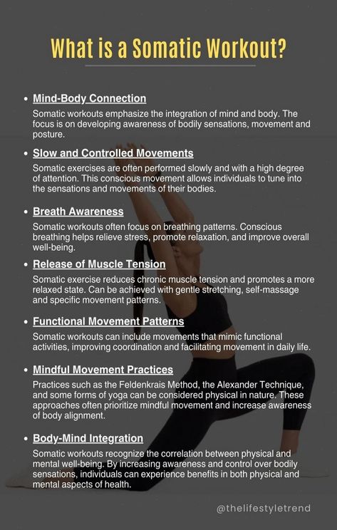 Somatic workouts include exercises and movements focused on increasing awareness, understanding, and control over one's own body. The term somatic refers to the experience from within the body, emphasizing the mind-body connection. The goal of somatic exercise is often to improve movement patterns, release muscle tension, and increase ...#Wellness #Somatic #Unleashing #HealthTips #NutritionTips #HealthyLifestyle #FitLife #Through #Yoga #HealthyLiving #the #Embodied #Wisdom #Practice #Within Somatic Yoga, Mental Health Therapy, Mind Body Connection, Muscle Tension, Mental And Emotional Health, Self Care Activities, Physical Health, Emotional Health, Nerve