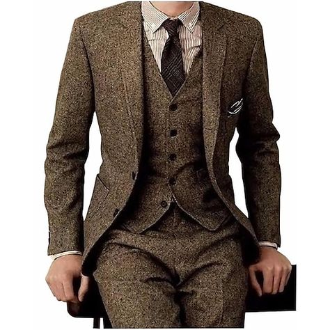 Category:Suits; Embellishment:Pocket; Season:Winter,Fall; Fabric:Tweed,Polyester; Size Suggestion:Please refer to the size chart to place an order; Tips:Accessories not included; Front Closure:Single-Breasted Buttons; Includes:Jacket,Pants,Vest; Occasion:Wedding; Fit Type:Slim Fit; Jacket Buttons:Single Breasted One-button; Jacket Pockets:Straight Flapped; Vest Buttons:5; Pattern:Solid Colored; Neckline:Notch; Listing Date:08/11/2023; Production mode:External procurement; Pant Length:; Pants Wai Terno Slim Fit, Mens Tweed Suit, Brown Tweed Suit, Formal Wedding Suit, Tweed Wedding, Tweed Men, Tweed Wedding Suits, Herringbone Suit, Men's Business Suits