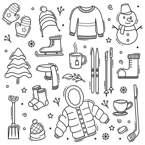 Winter Doodles, Calendar Doodles, Winter Drawings, Line Art Style, Doodle Pages, Christmas Doodles, Scrapbook Book, Drawing Templates, Cute Doodles Drawings