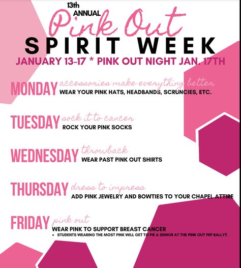 Pink Out Ideas Spirit Week, Pink Out Pep Rally Ideas, Pink Out Day Spirit Week, Pink Out Spirit Week, Pink Out Pep Rally, Pink Out Ideas, Pink Out Posters, Pink Out Cheer, School Spirit Posters