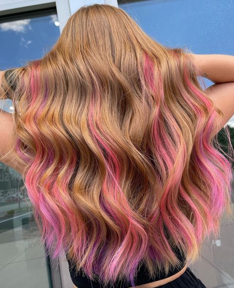 Commitment Free Color without the damage from bleach 💗 Hair by @angelina.rosene.hair 💜 ➖ Look: Full Volume ➖ Length: 16" ➖ Colors: Custom Colored 12G White Chocolate ➖ Method: Tape In⁠⁠⁠ Cute Simple Hair Dye Ideas, Hair Dye Ideas Blonde Color Trends, Pink Picaboo Hair, Pink Streaks In Light Brown Hair, Dirty Blonde Hair Dye Ideas, Bright Pink Highlights In Blonde Hair, Blonde Hair With Colorful Highlights, Bottom Of Hair Dyed, Pink Highlights In Blonde Hair Straight