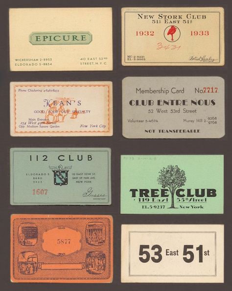 Speakeasy membership cards collected between 1920 and 1933 Kertas Vintage, Speakeasy Party, 1920s Party, Cotton Club, Membership Card, Easy Day, Roaring Twenties, Cool Ideas, 로고 디자인