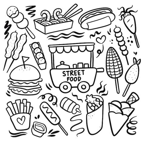 Cute Food Art Drawing Doodles, Street Doodle Art, Doodle Street Art, Cute Doodles Food, Food Doodle Art Illustrations, Doodle Food Art, Street Food Drawing, Fair Doodles, Food Doodles Hand Drawn