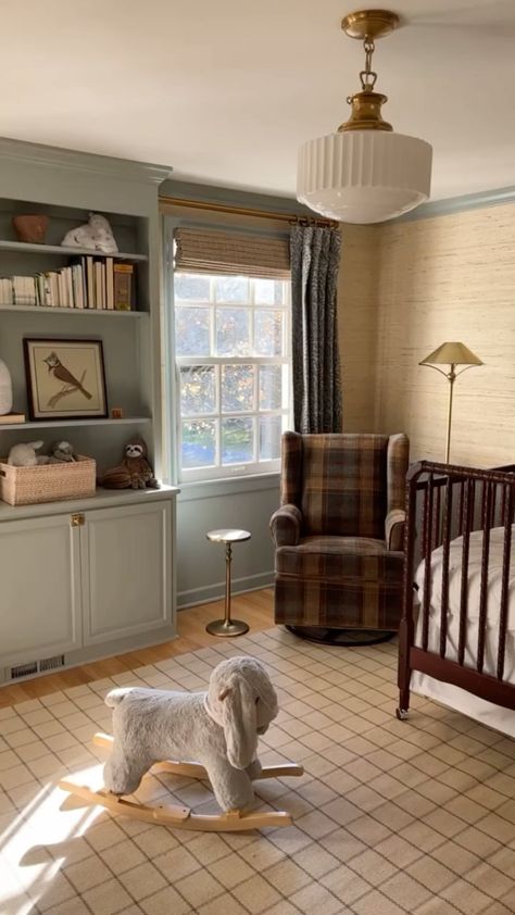 WHITTNEY PARKINSON DESIGN on Instagram: “A little glimpse into Pearce’s nursery. This room was so fun to design, as I come from a family of ALL girls (7 straight to be exact). A…” Traditional Nursery Gender Neutral, Cottage Nursery Rug, Nursery / Office Ideas, Grandpa Study Nursery, Nursery When You Dont Know The Gender, Whimsical Neutral Nursery, Traditional English Nursery, Contrast Trim Nursery, Nursery With Nanit