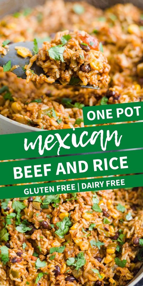 One pot Mexican beef and rice is a simple dinner with pantry staples done it less than 30 minutes! It's gluten free, dairy free and full of protein. Gluten Free Dairy Free Recipes Dinner, Gluten Free Dairy Free Dinner, One Pot Mexican, Gf Dinner, Dairy Free Recipes Dinner, Mexican Beef, Dairy Free Dinner, Beef And Rice, Simple Dinner