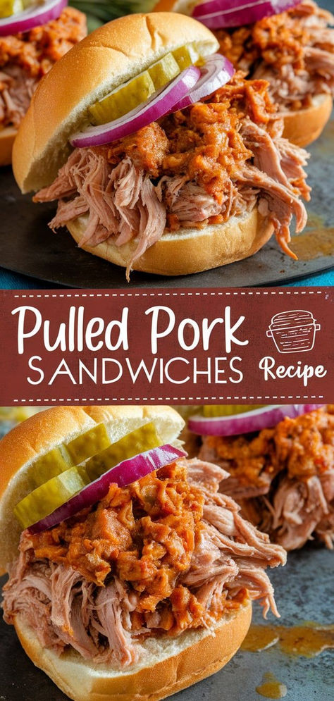 Sink your teeth into these tender Pulled Pork Sandwiches. Slow-cooked to perfection, piled high with juicy pulled pork, and topped with your favorite BBQ sauce—it's the ultimate comfort food. Shredded Pork Roast Sandwiches, Leftover Pulled Pork Sandwiches, Hot Pork Sandwiches, Smoked Pulled Pork Sandwiches, Hot Sandwiches For A Crowd, Pulled Pork Marinade, Pulled Pork Sandwiches Crock Pot, Bbq Pork Roast, Barbecue Pulled Pork Recipe