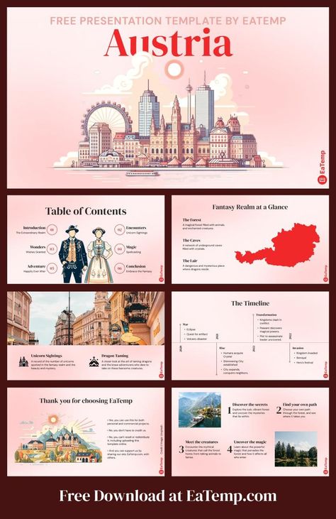 Austria 13 Canva Slides, Presentation Google Slides, Mẫu Power Point, Music Flow, French Wall Art, Presentation Ideas, Project Presentation, Google Slides Theme, Western Music