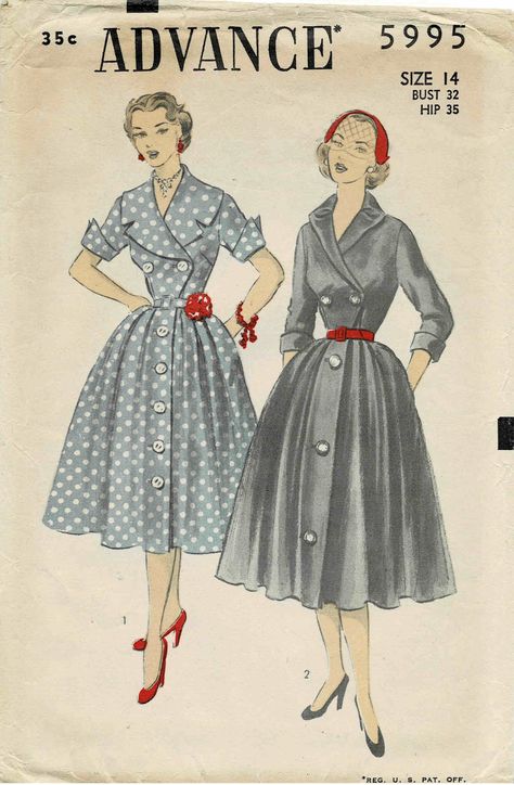 1950s Misses Front Buttoned Full Skirt Dress Advance 5995 Vintage Sewing Pattern Size 14 Bust 32 UNCUT Original 1950s Dress, 50s Sewing Patterns Free, 1950 1960 Fashion, Vintage Fashion Patterns, 1950s Fashion Magazine, Vintage Fashion Plates, 1950s Aesthetic Fashion, 1950's Outfits, 1950s Womens Fashion