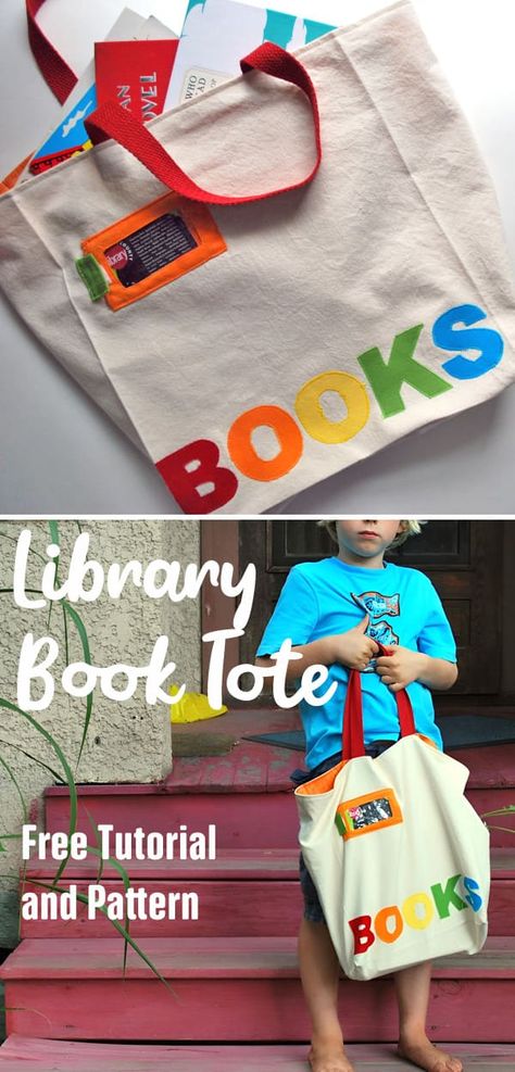 Library Book Tote Tutorial and Pattern Library Book Bags For Kids, Library Bags For Kids, Library Card Holder, Library Bags, Book Bags For Kids, Large Library, Library Book Bag, Tote Tutorial, Being Extra