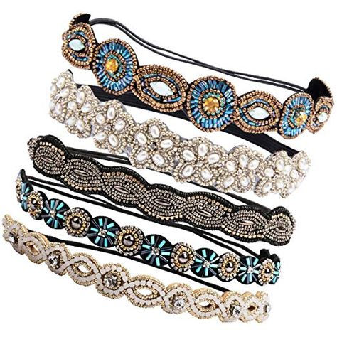 Ondder 5 Pieces Rhinestone Beads Elastic Headband Handmade Crystal Beads Hairbands Hair Accessories For Women Jeweled Headband, Stretch Headband, Elastic Headband, Crystal Headband, Lace Headbands, Rhinestone Headband, Infinity Necklace, Hand Dyed Silk, Super Healthy