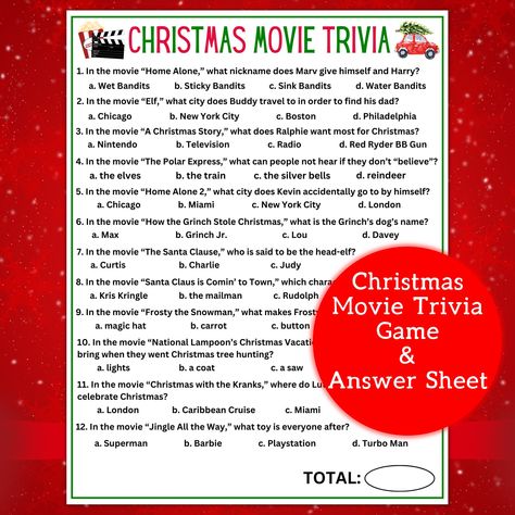 Christmas Movie Trivia Christmas Movie Trivia Game - Etsy Christmas Movie Quiz With Answers, Christmas Movie Trivia Printable, Christmas Movie Trivia With Answers, Christmas Trivia For Kids, Christmas Trivia Questions And Answers, Movie Trivia Games, Christmas Movie Trivia, Fun Family Christmas Games, Movie Trivia Questions