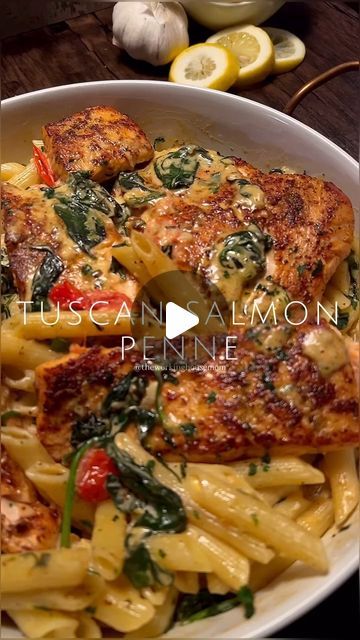 seafood on Instagram: "Tuscan Salmon Penne 😋🍣🔥

📽️ & recipe by @theworkinghousemom 

Follow @seafoodishh for more🦀🐙🦞

{HERE’S WHAT YOU’LL NEED}
• 4 Salmon Fillets
• 15 Grapes Tomatoes (halved)
• 2 tbsp. Green Onions (chopped)
• Spinach
• 2 generous tbsp. Garlic (minced)
• 4 tbsp. Butter
• 2 tbsp. Garlic Butter
• Fresh Lemon Juice (half lemon)
• 2 oz. Chive & Onion
• 1 1/4 cup Heavy Whipping Cream
• Olive Oil
• Parsley (garnish)
• 1 box Penne Pasta

{SEASONING}

• Salt/Pepper
• Lemon Butter Garlic
• Blackened
• Complete Seasoning

#cooking #foodblogger #recipes #influencer #foodie #foodstagram #pasta #salmonpasta #pescatarian #seafood #seafoodlovers #fyp" Complete Seasoning, Tuscan Salmon Recipe, Tuscan Salmon, Salmon Pasta Recipes, Pasta Seasoning, Honey Glazed Salmon, 60k Followers, Salmon Spinach, Woman Magazine