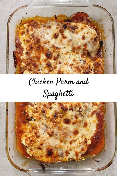 Chicken Parm and Spaghetti — Cameron Rogers Chicken Parm And Spaghetti, Chicken Parm Spaghetti Bake, Chicken Parm Spaghetti, Baked Chicken Parm, Sunday Night Dinner, Spaghetti With Spinach, Spaghetti Dinner, Baked Chicken Parmesan, Cooking Dishes