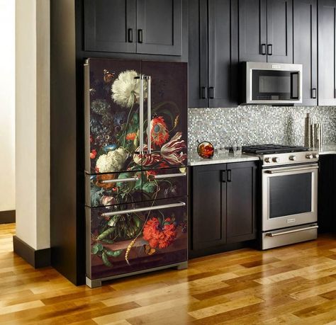 Fridge Door Decor, Side Of Refrigerator Ideas, Fridge Decoration Ideas, Vinyl Fridge, Flower Kitchen Decor, Refrigerator Wrap, Fridge Wrap, Fridge Decals, Refrigerator Wraps