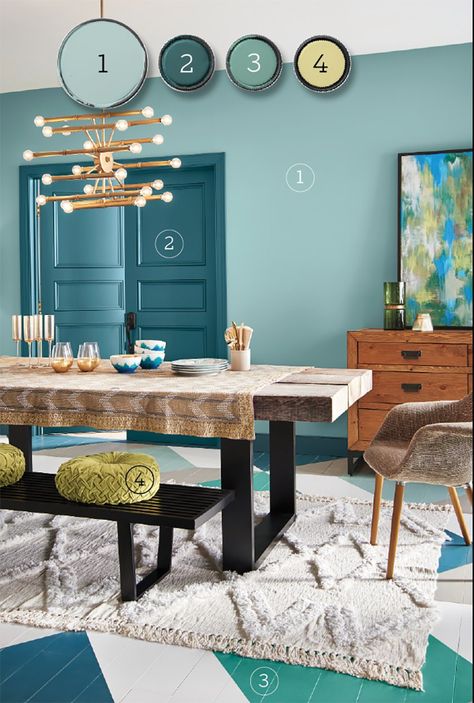 Blues and greens are a foolproof combo because they neighbor each other on the color wheel. Shown here, Behr Paint's Polished Aqua (walls), Wanderlust (doors and trim), Jade Dragon (accent), That’s My Lime (accent). Colonial Modern, Aqua Walls, Dining Room Blue, Wood Stains, Behr Paint, Yellow Walls, Grey Walls, Wall Color, Room Colors