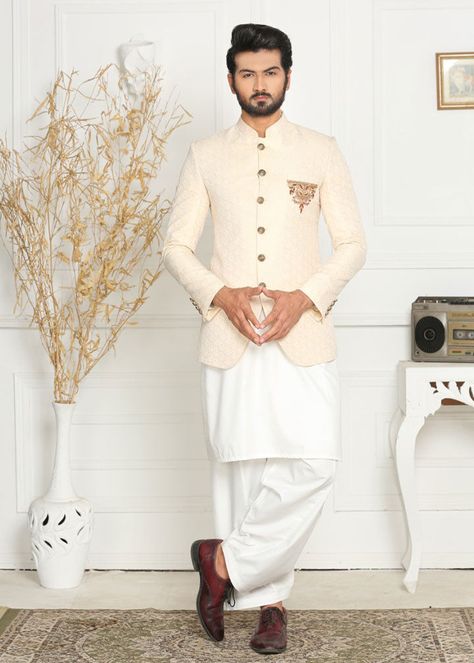 Includes: Prince Coat Fabric: JamawarColor: Off white (cream) Work Technique: Adda Work, EmbellishedThis is 1 Piece Stitched Outfit.Note: Color of this Product may slightly vary due to photographic lighting sources or your monitor settings. Prince Coat With Shalwar Kameez, Prince Coat For Men, Prince Coat, Coat For Men, Shalwar Kameez, Photographic Lighting, White Cream, Urdu Poetry, 1 Piece