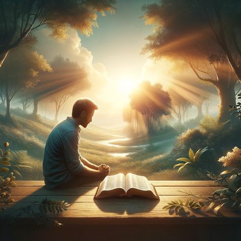 Create an inspiring image depicting a person in a tranquil, natural setting, symbolizing peace and hope amidst adversity. The setting should include a serene landscape with soft sunlight filtering through trees. The person is holding an open Bible, looking thoughtful and uplifted. The scene should convey a sense of comfort, assurance, and a strong connection with God. The image aims to visually represent the concept of finding hope in God during personal trials, as mentioned in Romans 15:13. Open Bible Image, Saturday Morning Prayers, Sunday Morning Prayer, Heavenly Art, Peace Bible Verse, God Creation, Connection With God, Open Bible, Bible Quiz