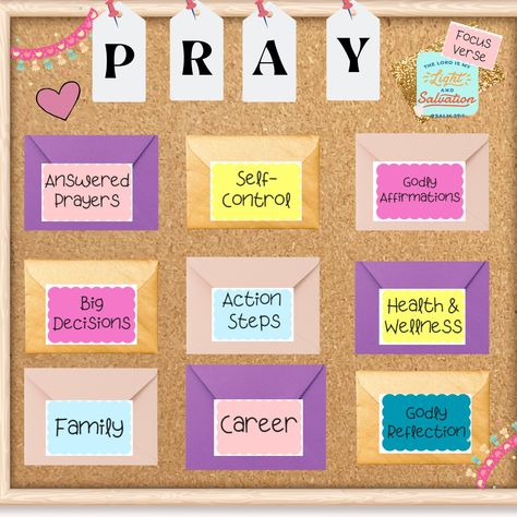 🌟 Introducing the Prayer Promise Board Kit: Elevate Your Prayers with Purpose! 🌟(Over 30 pages!) Unlock the power of prayer and infuse it with purpose using this Prayer Promise Board Kit! This kit is designed for seasoned believers and beginners alike, providing a meaningful and creative way to connect with God. Crafted with love and guided by the wisdom of the Bible, our kit ensures a profound prayer experience. What's Inside: ✨ 1. Bible Verses for Inspiration:   Use the Bible to dig deeper i Prayer Vision Board Ideas 2024, Prayer Board Categories, Prayer Board With Envelopes, Diy Prayer Board Ideas, Bible Board Ideas, Pray Board Ideas, Prayer Board Inspiration, Prayer Board Ideas Aesthetic, Prayer Request Board