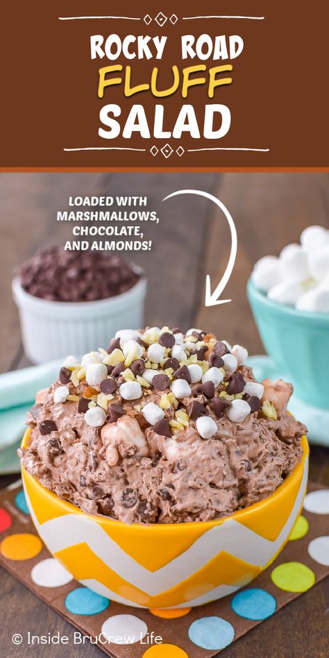 A white and yellow bowl filled with an easy chocolate mousse loaded with almonds, marshmallows, and chocolate chips. Rocky Road Pudding, Rocky Road Fluff Salad, Rocky Road Dessert Recipes, Rocky Road Fluff, Rocky Road Desserts, Chocolate Fluff Dessert, Teacher Snacks, Chocolate Fluff, Rocky Road Fudge Recipe